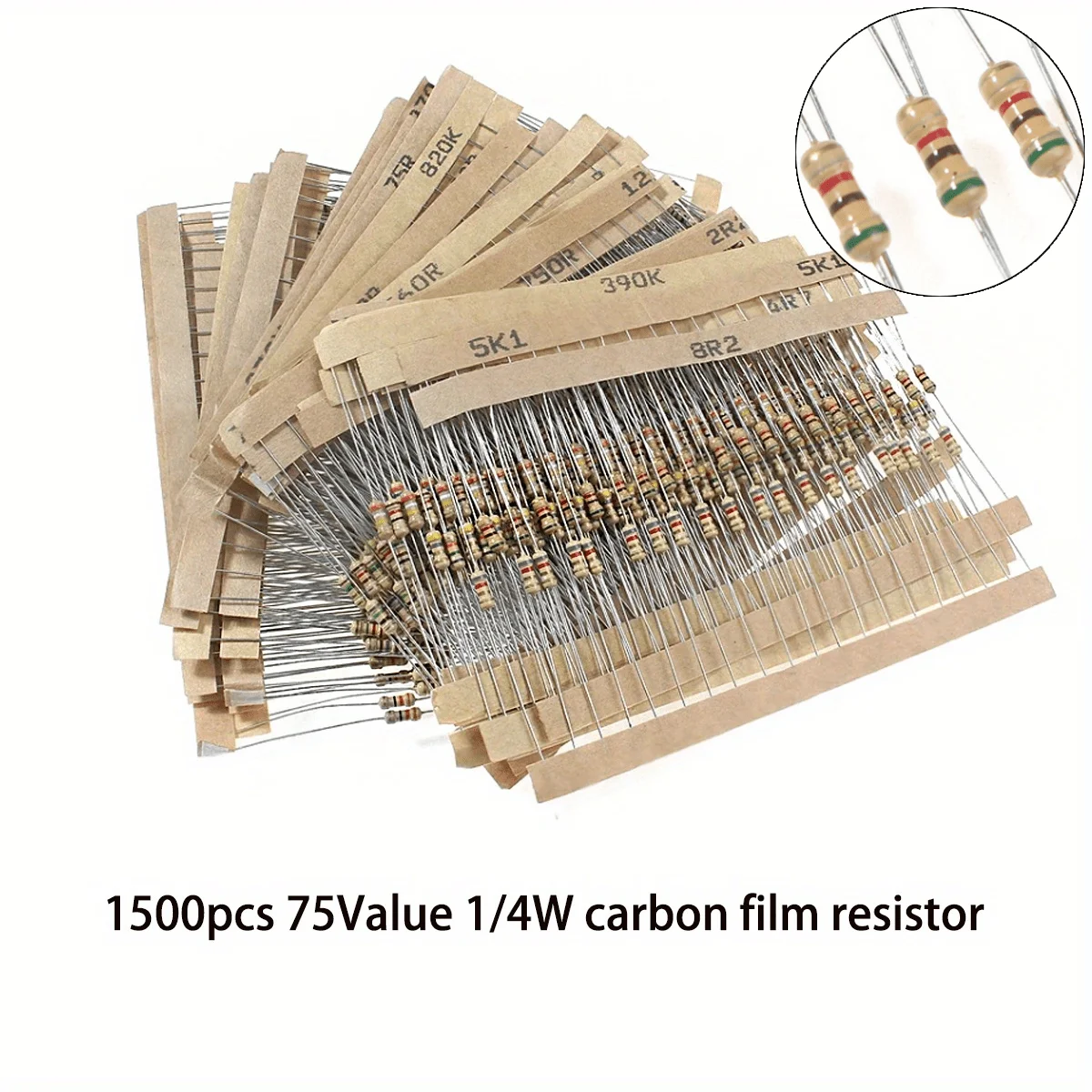 1500pcs 1/4W Carbon Film Resistor Kit 5% Resistance Assorted Set 75valuesX20pcs 0.25W Sample Pack