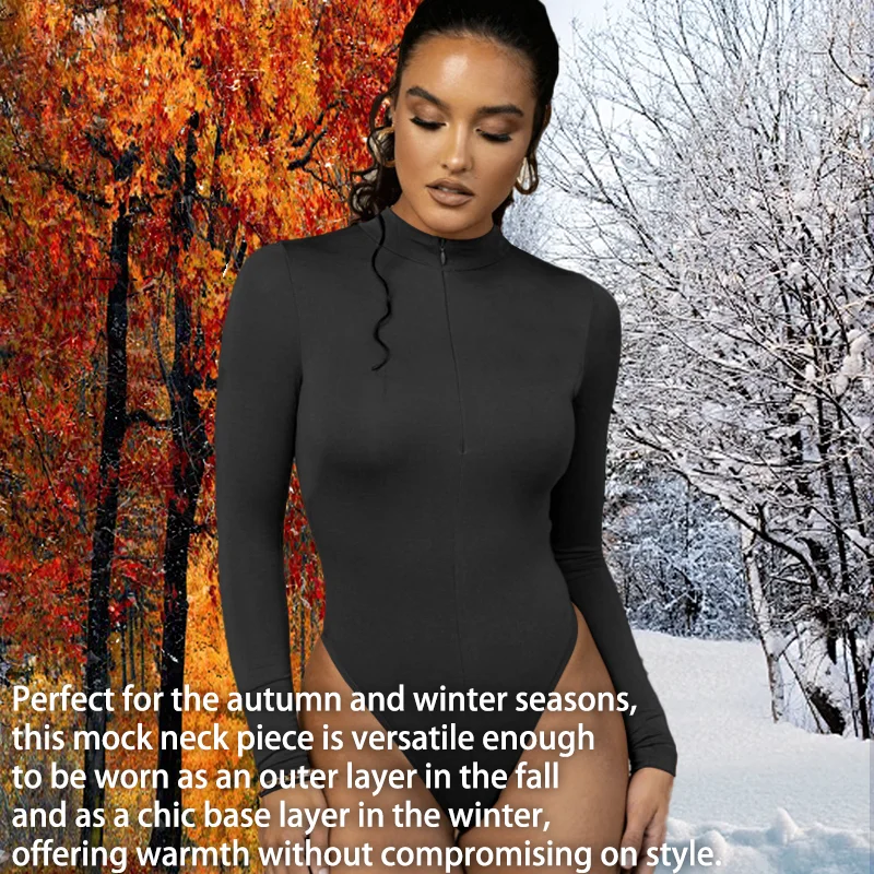 Women Mock Neck Thermal Underwear Compression Long Sleeve Shapewear Sexy Deep V Shaper Slimming Zipper Jumpsuit Warmth Basic