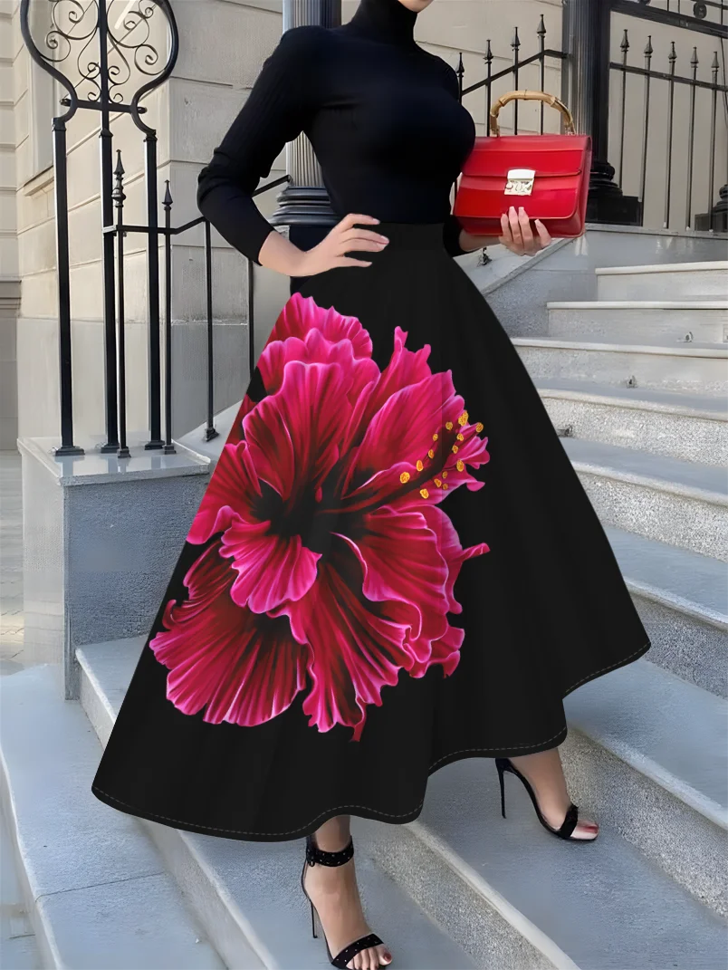 

Юбка женская в отпускном стиле с принтом, черным фоном и крупным красным цветочным узором, на все сезоны.