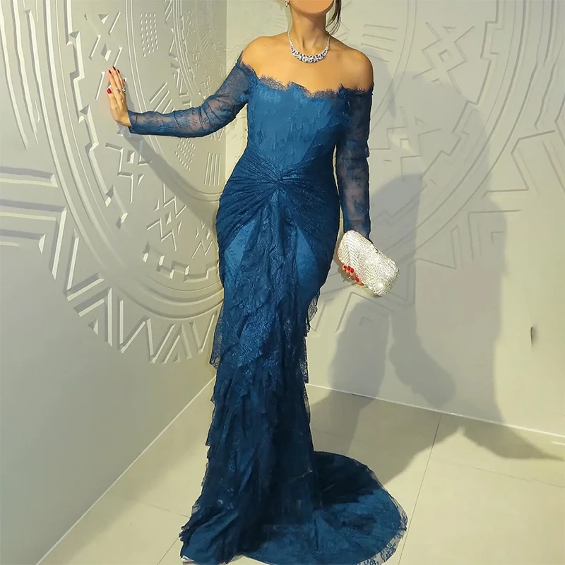 Robes de soirée formelles en dentelle bleu foncé, épaules dénudées, manches longues plissées, robes de bal de forme sirène, personnalisées