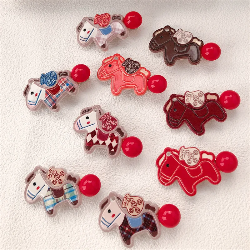 

2025 Trendy Kawaii Horse Hair Clips Brown Pony Barrettes with Red Ball Choice Hair Accessories Cute Daily Hairstyle Gifts
