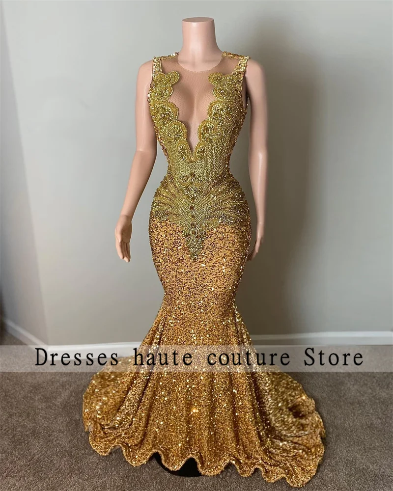 Gold Sequins Crystal Rhinestones Long Prom Dress For Black Girls 2025 Birthday Party Dress Evening Gowns Robe De Bal Customized