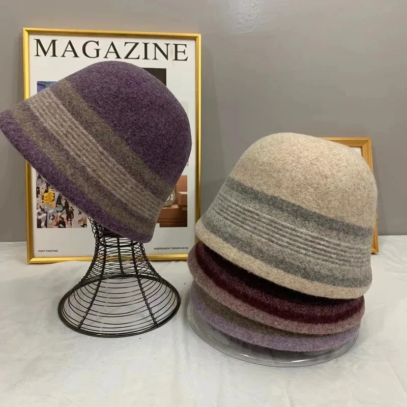 

Новая 4-цветная шерстяная зимняя теплая панама для женщин, высокое качество, женская осенняя рыбацкая шапка, уличная толстая полосатая шапка, подарок