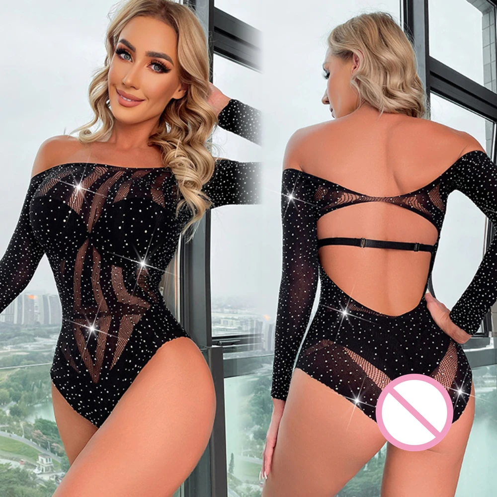 Women\'s Summer Fishnet Bodysuit Underwear Sexy Rhinestone Bodycon Temptation Jumpsuit Clothing Erotic Transparent Body Suits