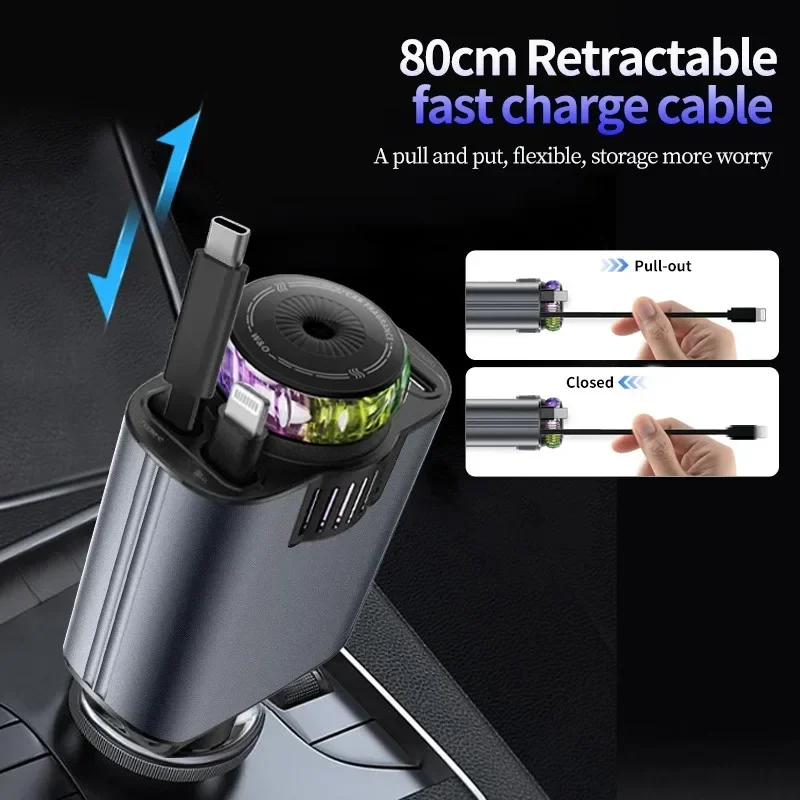 شاحن سيارة قابل للسحب 5 في 1 PD45W شحن سريع USB Type-C محول الطاقة شاحن الهاتف مع سقف ضوء النجوم سيارة الروائح