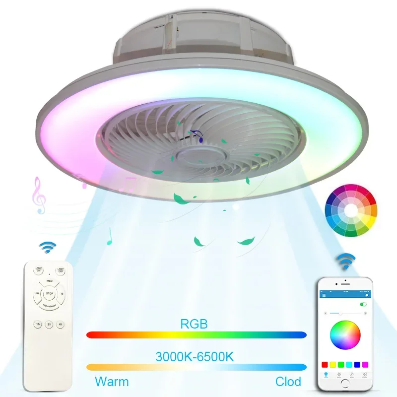 

Dimmable LED color changing ceiling fan with RGB lights enclosed low floor with Bluetooth music fan 3 Speed Wind remote control
