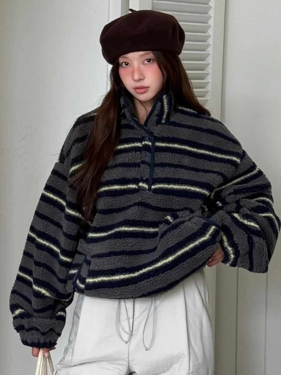 الرجعية كسول Sle فضفاض عارضة مخطط f سستة فرو الضأن البلوز ملابس خارجية تصميم تخفيف طويل Sve شريط نمط #2