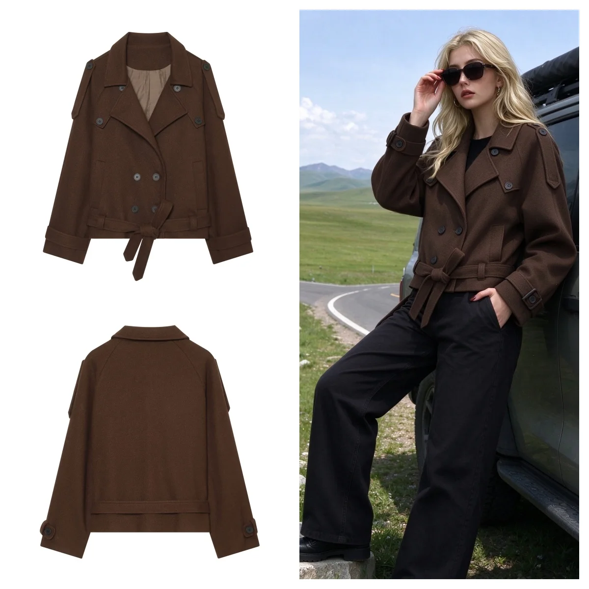 Guobioziy 2026 Winter Women's Coat, Notched Collar, Double Breasted Long Sleeves with Belt, Fashionable Casual Jacket