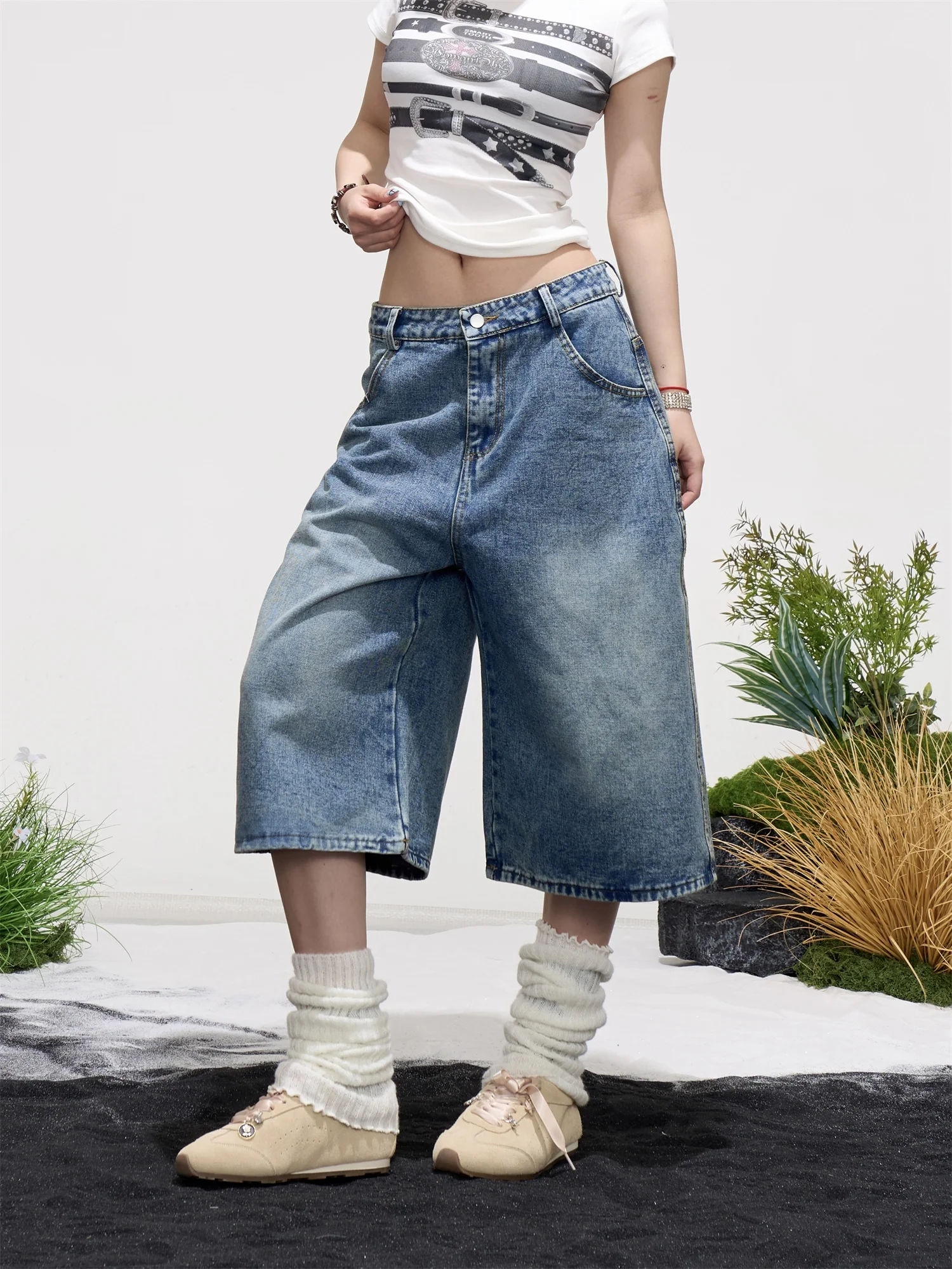 

Retro American Embroidered Washed Wide Leg Seven-Foot Pants Women Summer Loose Slim Straight Casual Jeans ONLPP Natural Waist