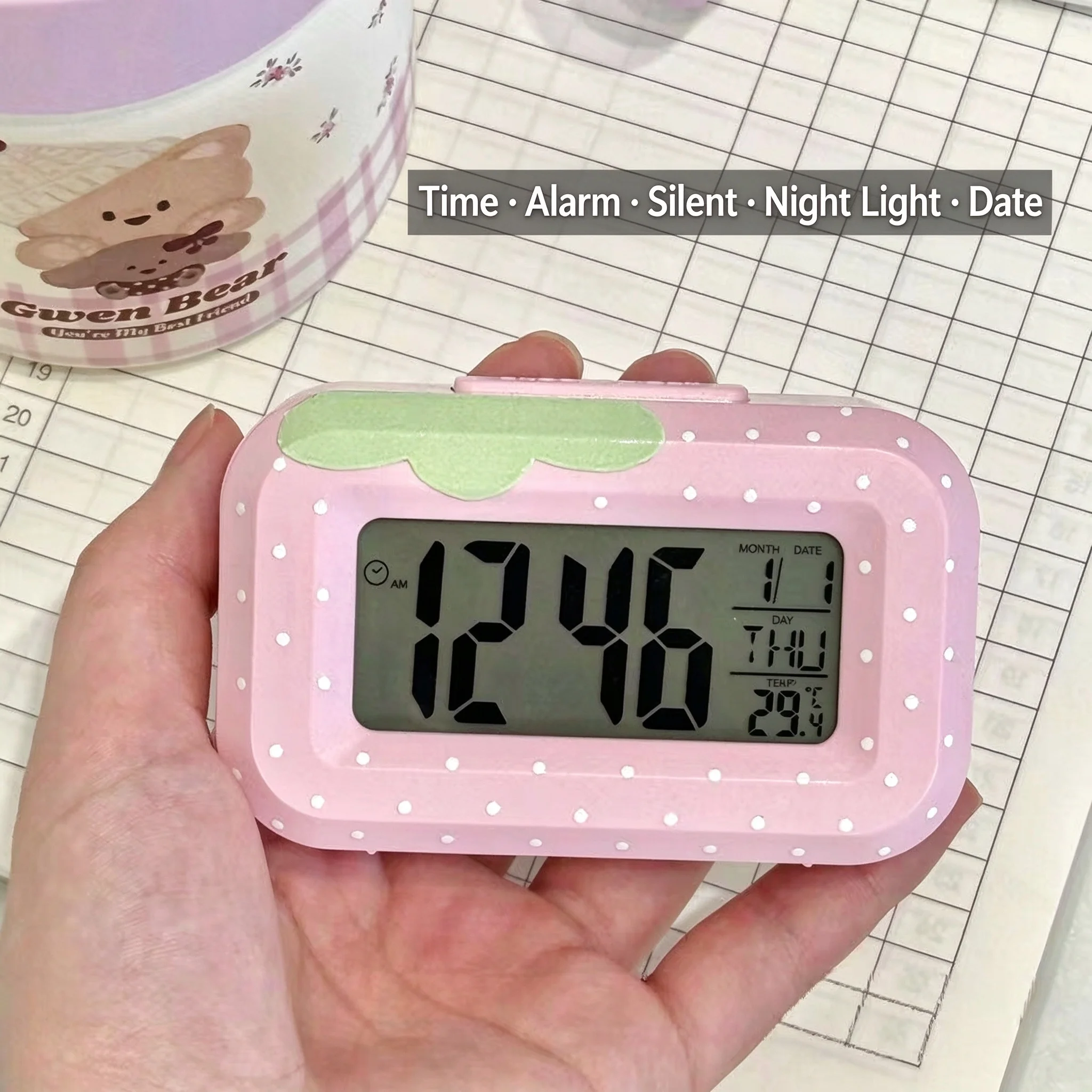 Cute Strawberry Desktop Alarm Clock Student Time Manager Desk Things for the Room Table Clocks Dormitory Home Decor Gift