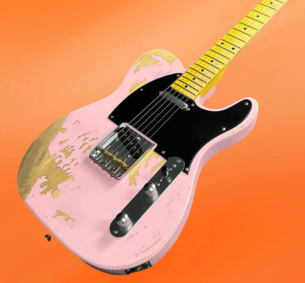 

2026 горячая новинка, 6-струнная розовая гитара, кленовый гриф, корпус из ASH, черные накладки