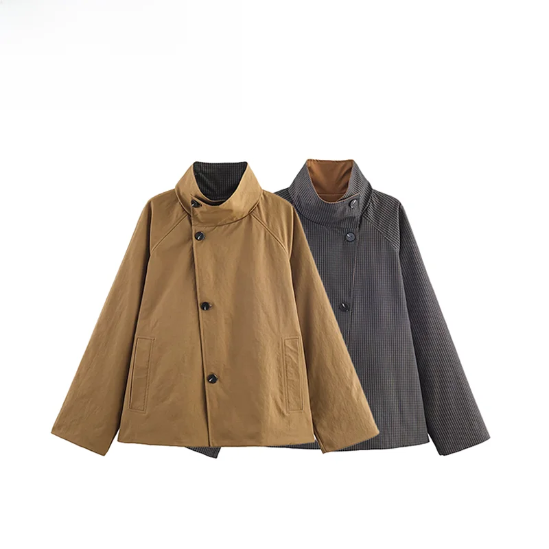 

Faionable Double-Sided ort Coat Autumn New Arrival Women's Loose Fit Polyester Fiber Long Sve Button up Stand Collar