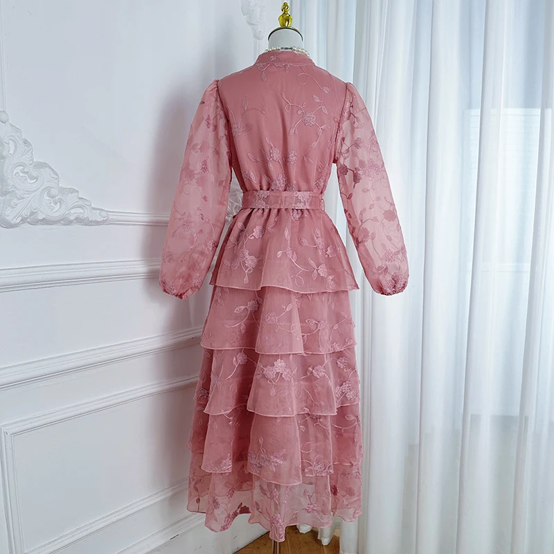 Outono retro sólido vestido feminino bordado impresso renda em camadas vestido único breasted gola mangas puff com cordão