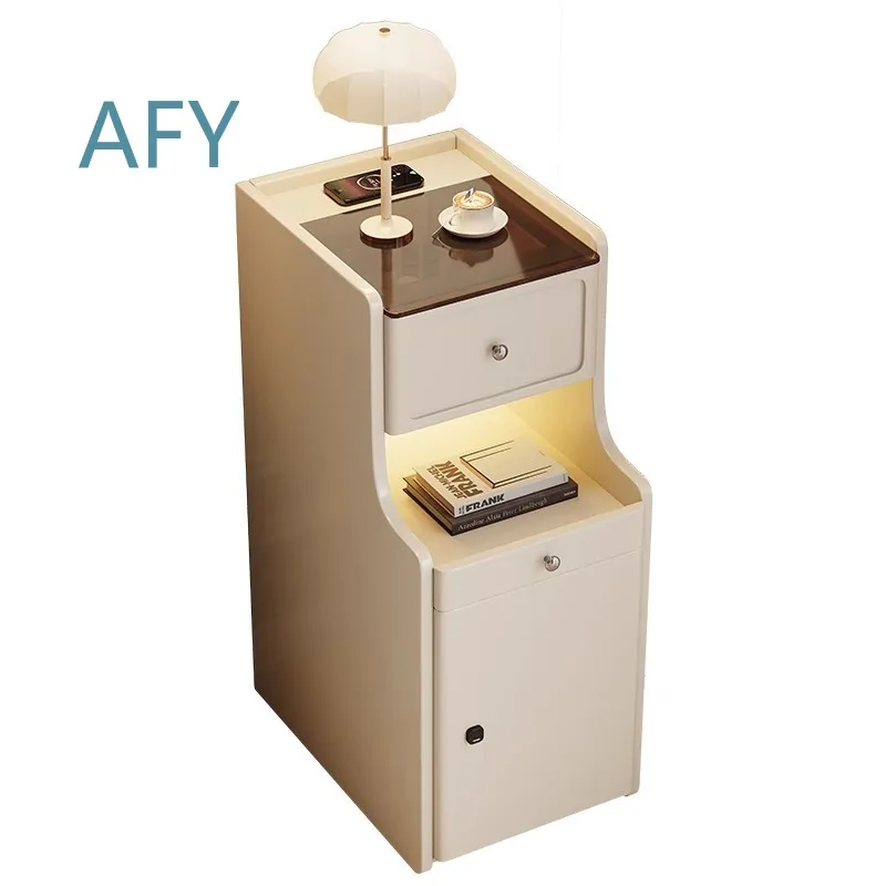 All Solid Wood Smart Bedside Table with Lamp for iPhone Android Fingerprint Lock for Small Apartment Ultra-Narrow Modern
