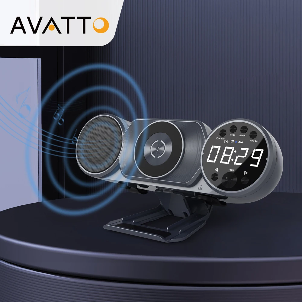 

AVATTO Bluetooth 5.1 Speaker FM Radio with Digital Alarm Clock Wireless Charging Adjustable LED Night Light USB Charger New Gift