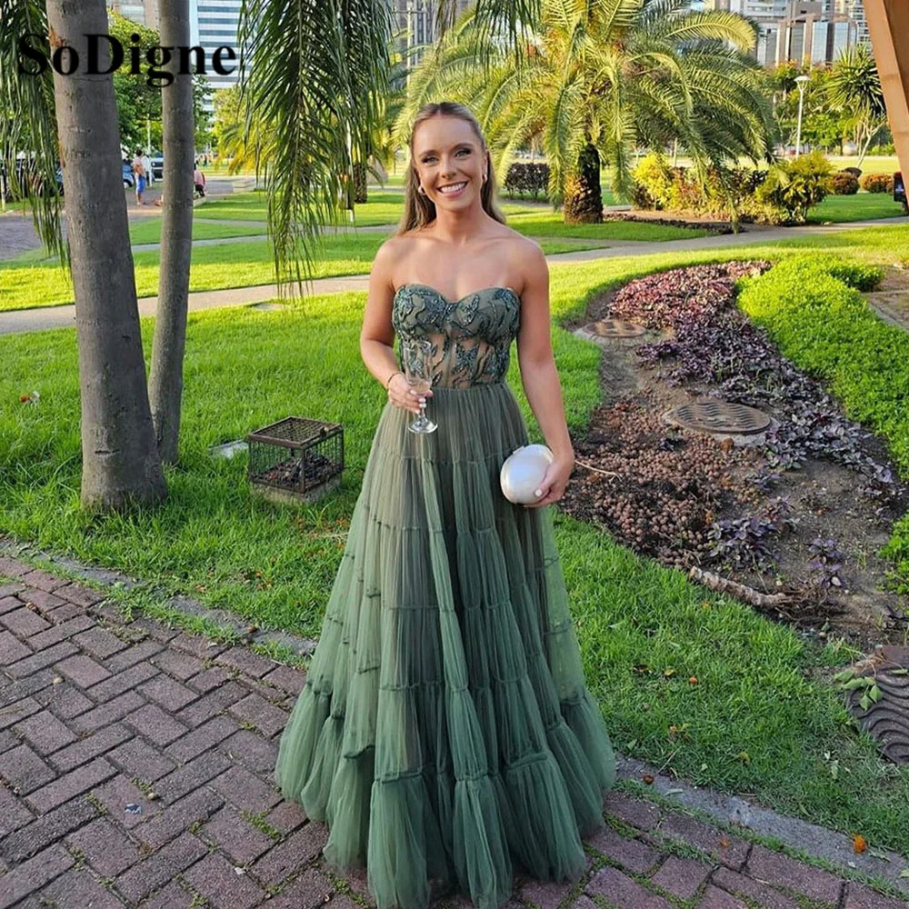 SoDigne Elegant Prom Dresses Tiered Tulle A-Line Pleat Lace Sequins Evening Gown Graduation Formal Party Dress 2024 Customized