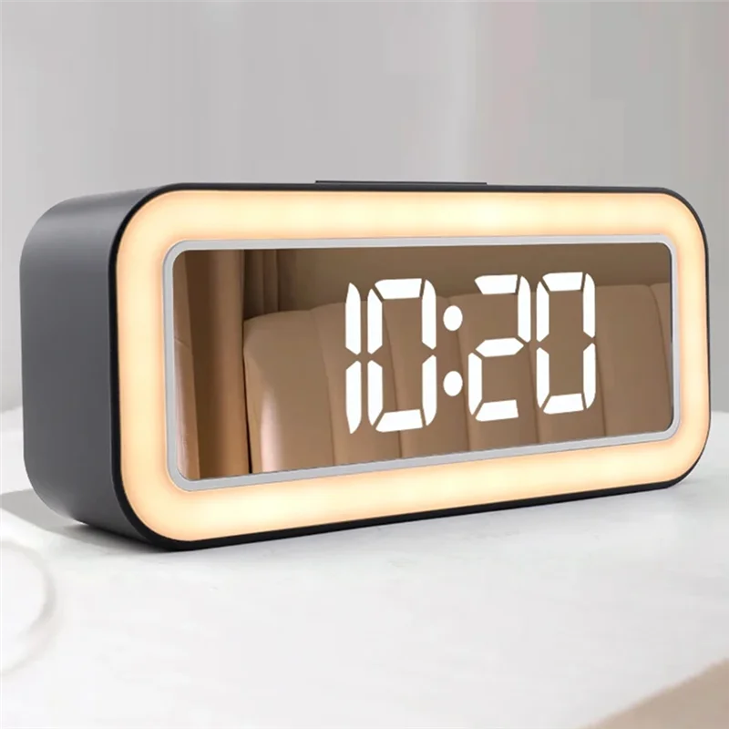 

ABKQ-Mirror Night Light Alarm Clock Student Loud Volume Bedside Clock Desktop Temperature Clock Simple LED Digital Clock
