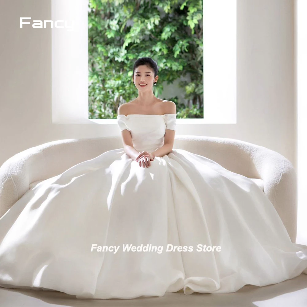 

Fancy Off Shoulder Korea Satin Wedding Dress A Line Bridal Gown Floor Length Prom Gown Custom Made customized