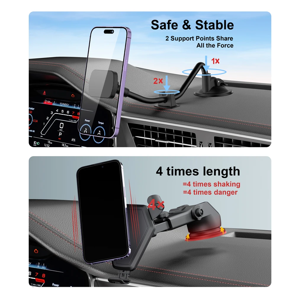 Magnetische Autotelefonhalterung mit langem Arm und Saugnapfbasis für Windschutzscheibe und Armaturenbrett, geeignet für Fahrnavigations- und tägliche Pendelzwecke. – Detail 6