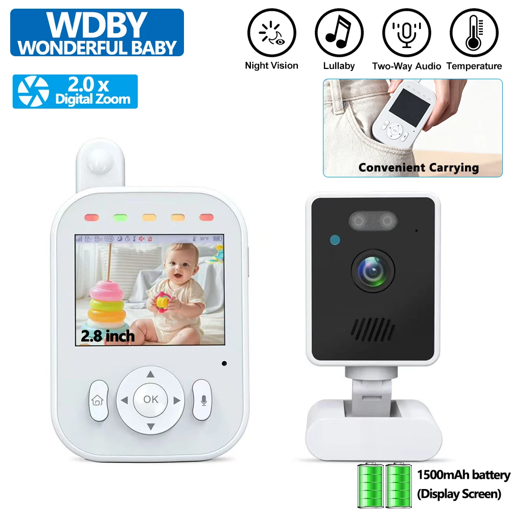 

2,8-дюймовая беспроводная радионяня с 720P HD ночным видением, мониторингом температуры и двусторонней аудиосвязью, 1500 мАч, камера безопасности для няни BM202