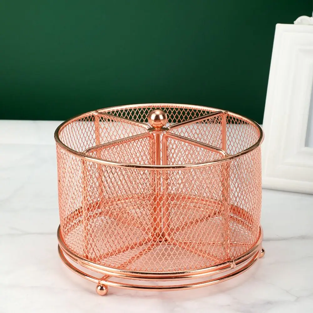 

Metal 360° Rotating Mesh Pencil Holder Hollowed-out 4 Compartments Makeup Brush Storage Bucket Creative Multi-Purpose