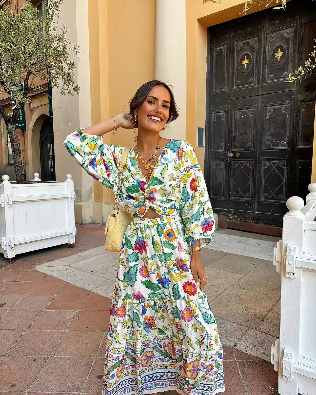 Elegant Long Dress Women Fashion Hollow Out Floral Print Vacation Midi Dresses 2024 New Long Sleeve Prairie Chic Lady Vestidos