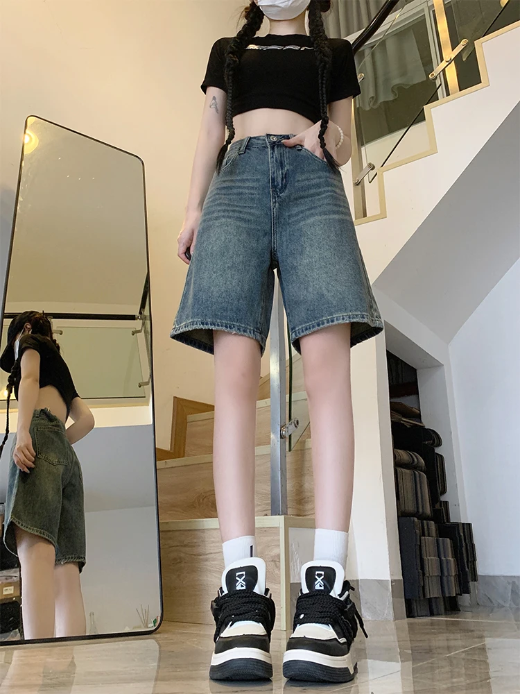 

Ретро-синие широкие джинсовые шорты-брюки с высокой талией для женщин, летние, свободные, прямые, средней длины, облегающие