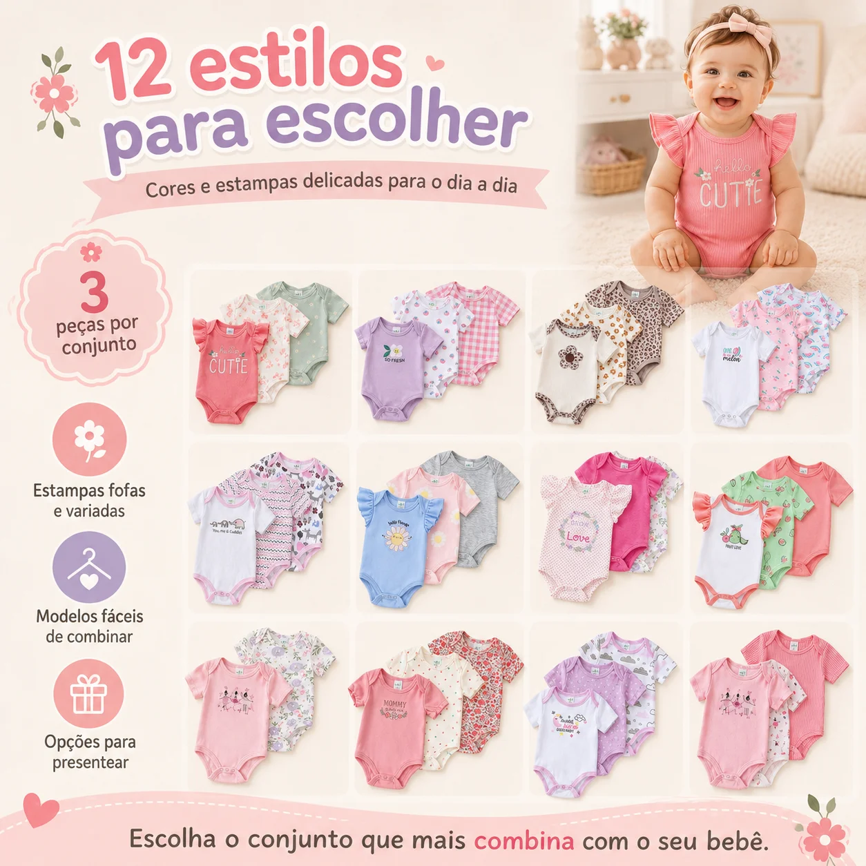 Conjunto com 3 Bodies para Bebê Menina Manga Curta Floral e Bordado Tecido Macio e Respirável