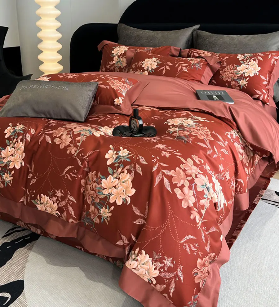 Elegant vintage french flower red pink green bedding set,full queen king cotton home textile bed sheet pillow case duvet cover