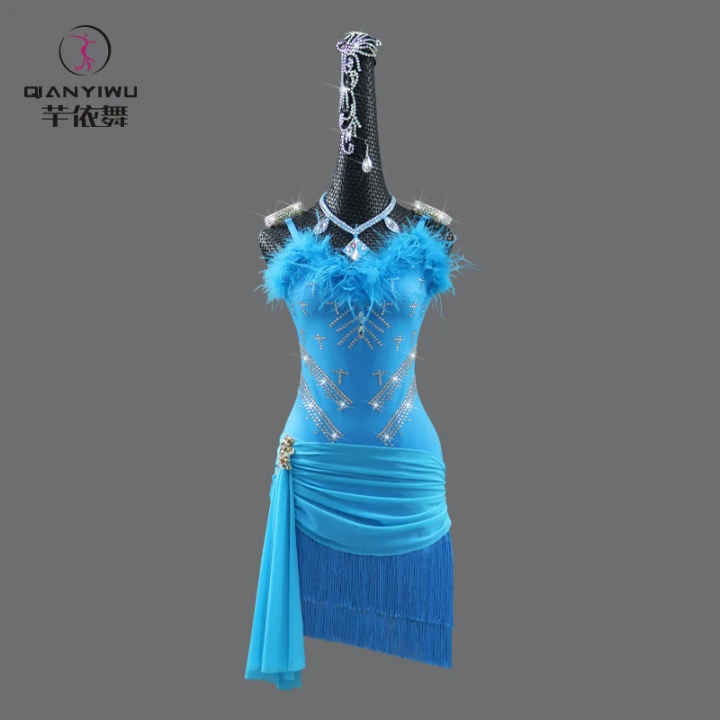 

Blue Latin Dance Dress Prom Costume Female Sport Party Line Dancewear Women Competition Practice Clothes 2024 Girls Feather Suit