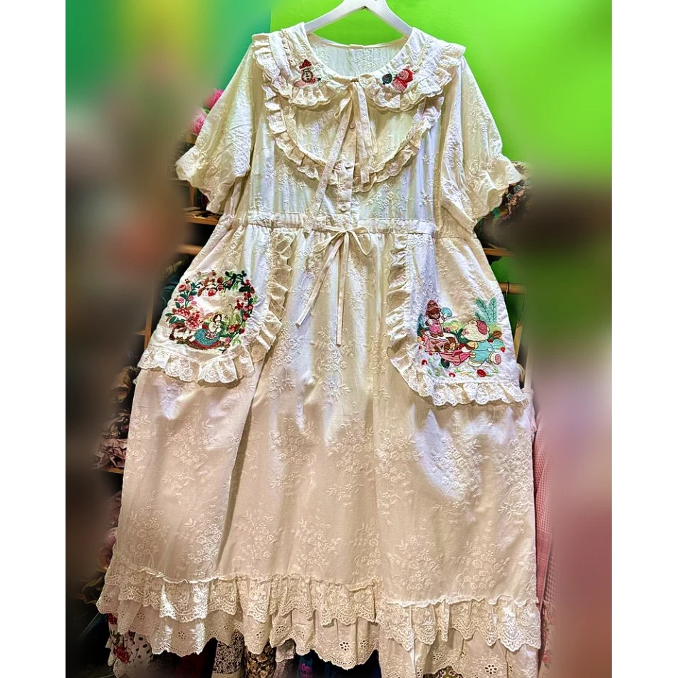

Women Vintage Cotton Lace Ruffled Embroidery Summer Lolita Midi Dress Retro Chic Kawaii Cute Evening Cottage Core Long Dress