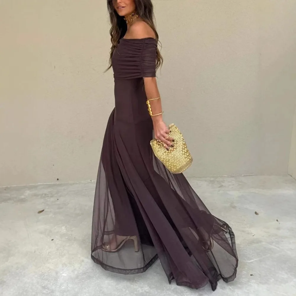 

Sexy Sleeveless Commuter Dress Fashion Hight Waist Strapless Slim Long Dress Women Elegant Mesh Splicing Solid Color Party Dress