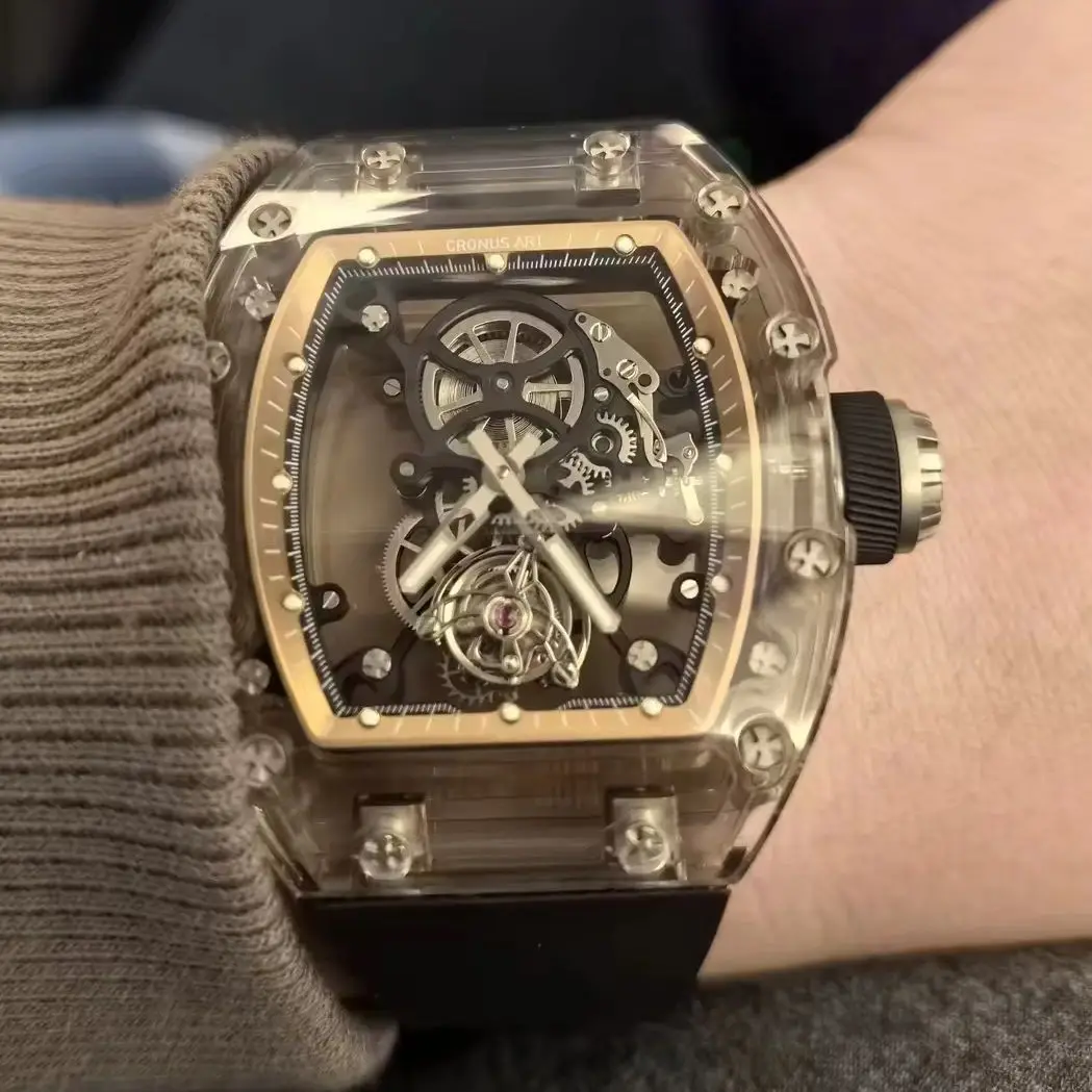 CRONUSART Men Tourbillon Watch 50mm Tonneau Mechanical Wristwatch Sapphire Case & Mirror Luminous FKM Strap Skeleton Dial