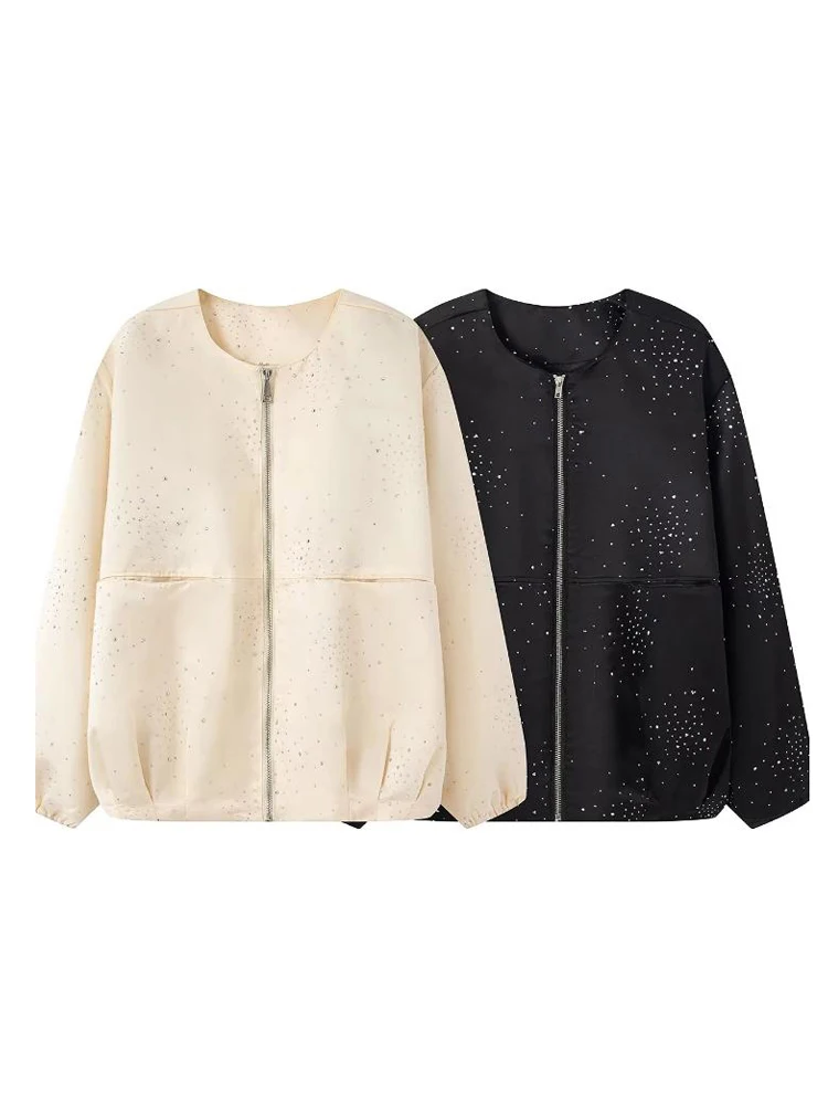 

Women Beige/black Round Neck Rhinestone Zip-up Loose Jacket Casual Long-sleeve Outerwear 2026 Cusual Leisure Commute Party Coat