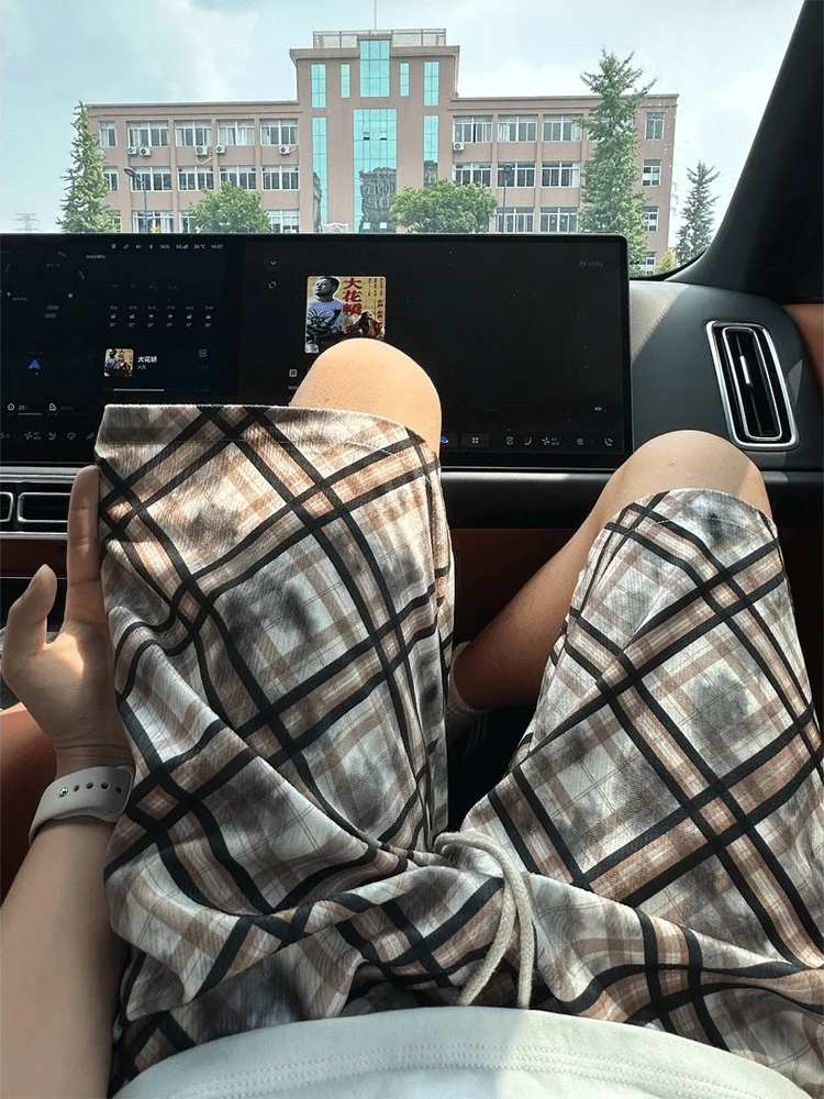 

Мужские брюки в клетку с принтом тай-дай, летние модные тонкие американские брюки Qui Dry Beach из ледяного шелка, повседневные брюки средней длины пять четвертей