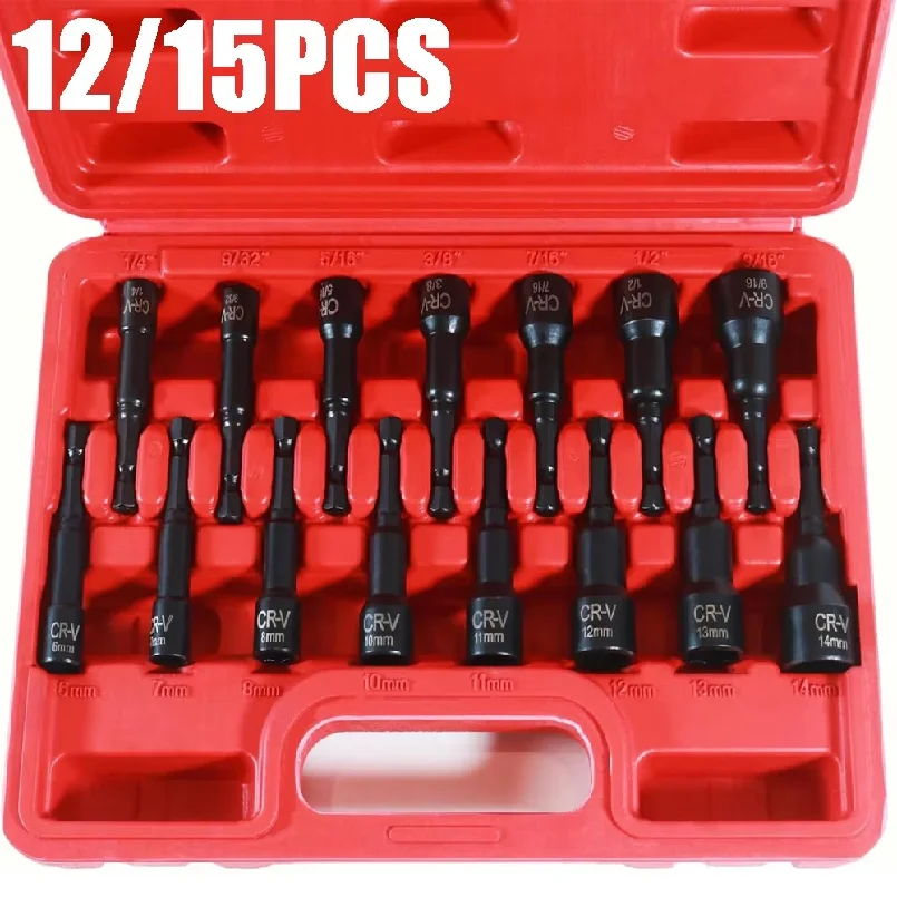 12/15PCS Magnetic Nut Driver Set,Impact Power Hex Nut Driver Drill Bit Master Kit, SAE & Metric,1/4-Inch Quick-Change Cr-V Steel