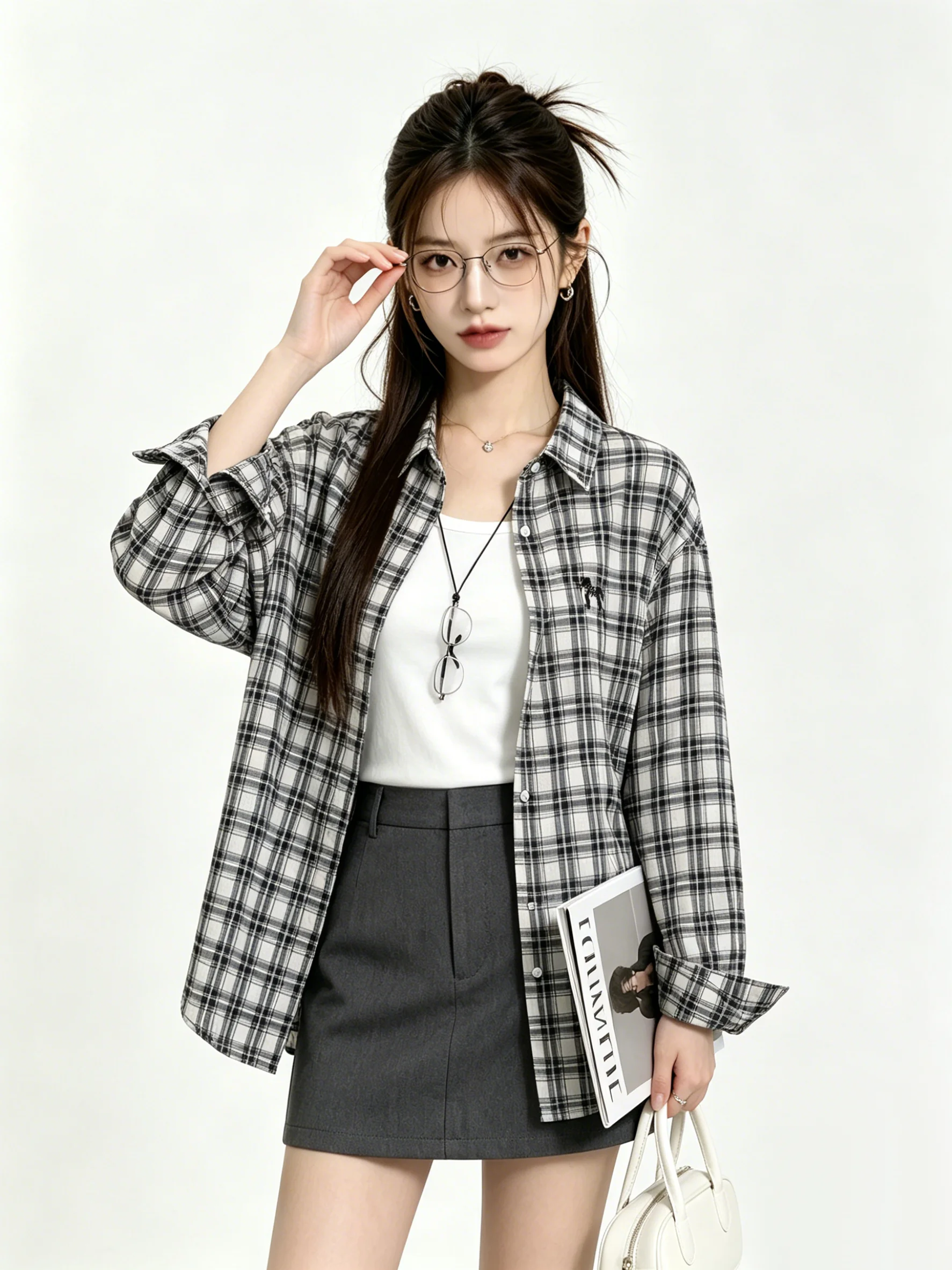 Retro Korean Plaid Sun Protection Shirt Jacket Embroidery Slimming Layering Spring Summer Set Women's Casual Fashion Ensemble
