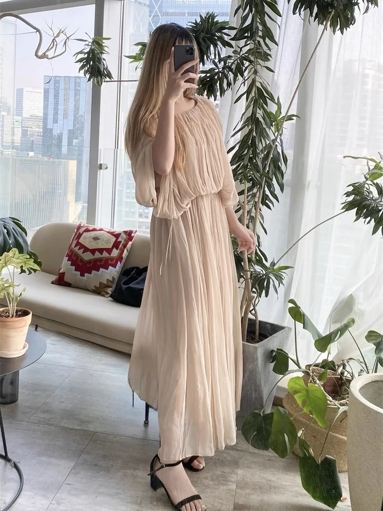 

SUSAN Fashion Silk Khaki Color Batwing Sleeve Pleated Women's Top And Skirt Set Summer Elegant Style Long Sleeve round Neck