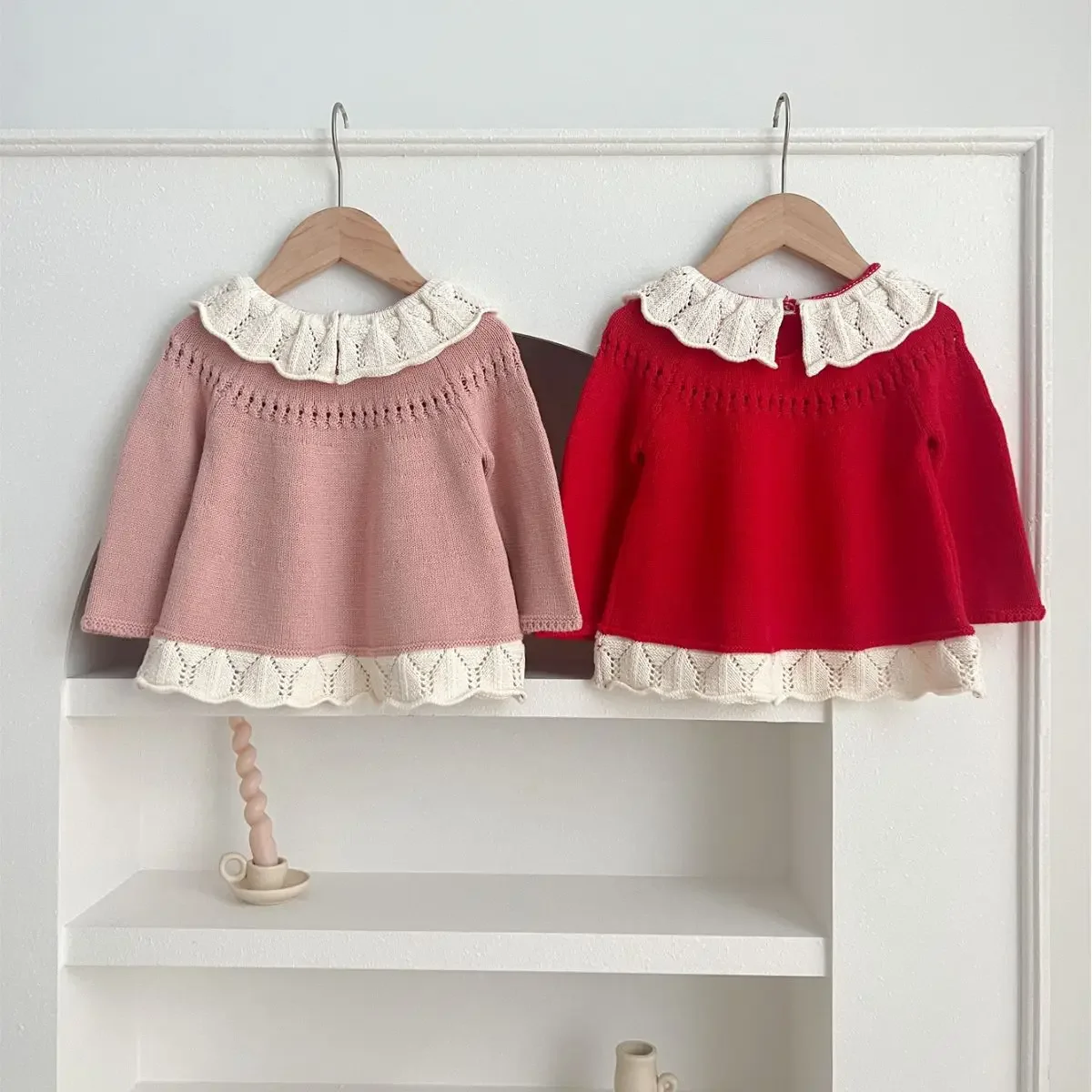 Casual Autumn Baby Girls Knitted Sweaters Pink Red Flower Print White Hollow Out Border Shirts Dresses Kids Tops Tees