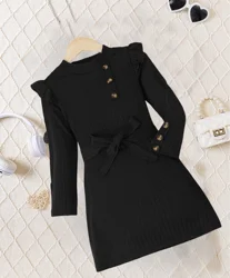 Sexy pure wind long sleeve knitted dress girls autumn winter bottom ruffled lace bow waist button wrap hip skirt