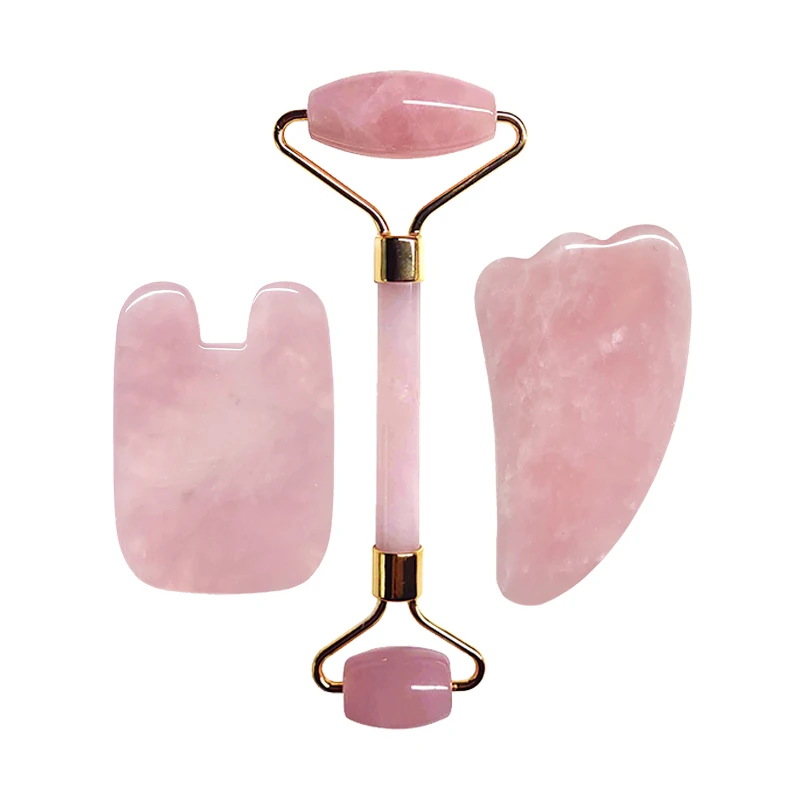 3PCS/Set Natural Rose Quartz Gua Sha Roller Slimming Face Massager Lifting Tool Facial Massage Jade Roller Gua Sha Kit Stone