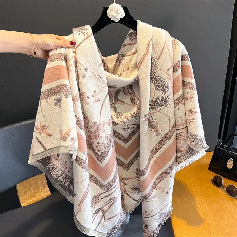 Luxury Brand Cashmere Women Floral Scarf Winter Warm Shawl and Wrap Bandana Pashmina Female Foulard Square Thick Blanket Poncho