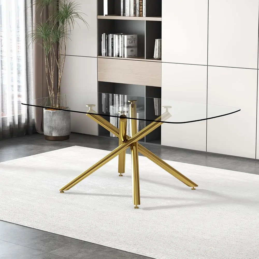 

Modern 6-8 Seater Tempered Glass Dining Table with Gold Metal Base, Suitable for Kitchen, Dining, Living Room, and Meeting Space