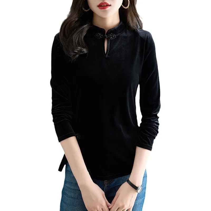 Chinese Style Chi-pao Collar Design Black Velvet Tops New Year 2024 Spring Women Date Girls Button Slit Shirt Blouse Vintage