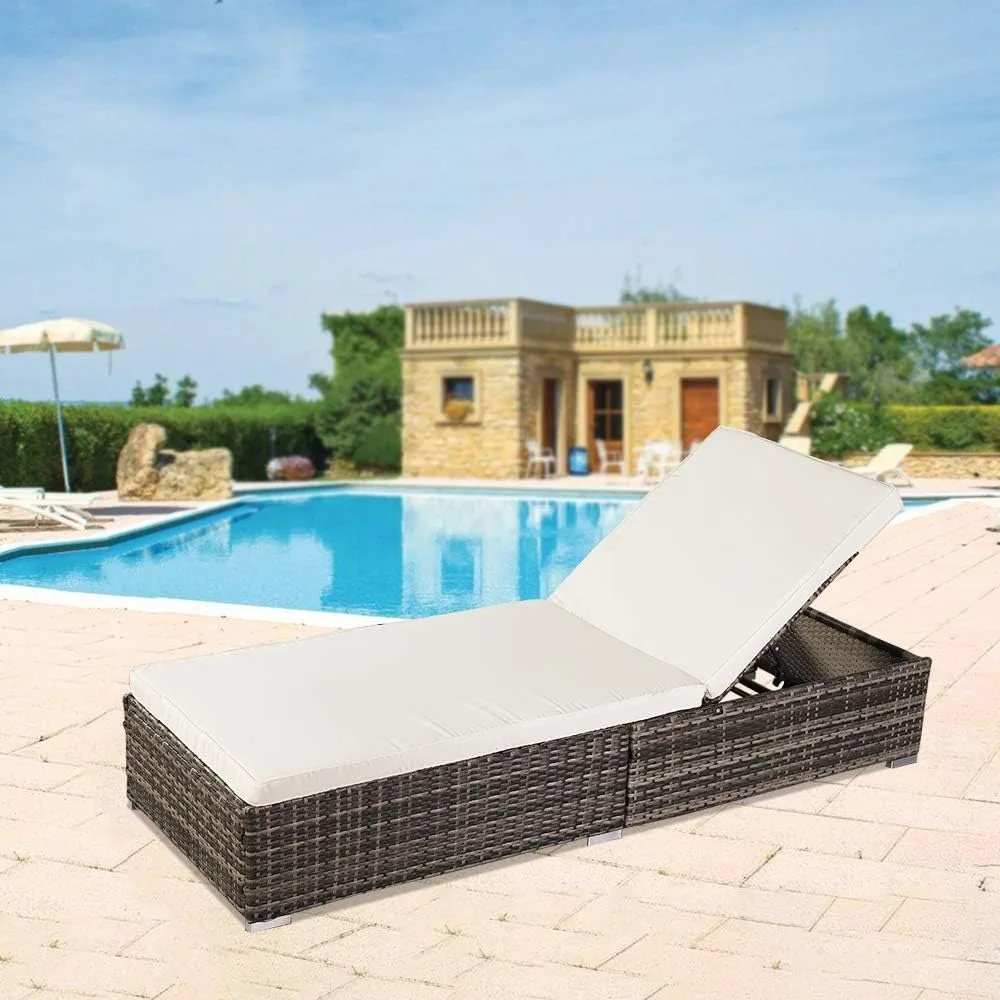 

Wicker Chaise Lounge Patio Chaise Lounge Chair Wicker Rattan Pool Lounge Chair with Adjustable Backrest and Removable Cushion