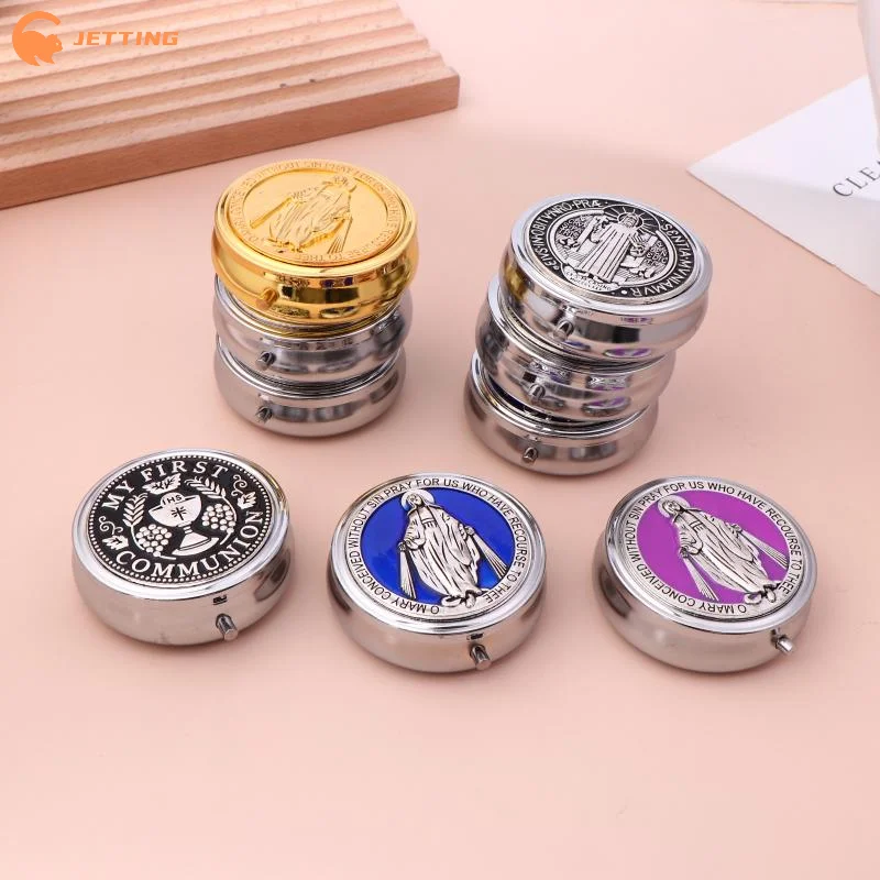 [ZENG001] 1 قطعة صغيرة مستديرة الرجعية المعادن المقدسة بالتواصل سانت بنديكت الوردية هدية صندوق تعبئة المجوهرات الدينية