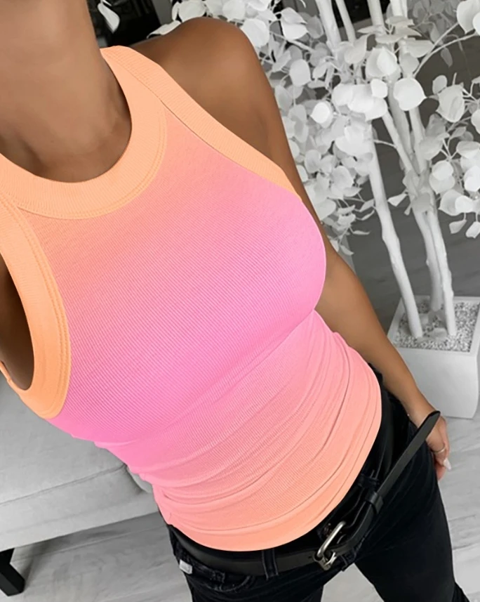 Summer New Ombre Sleeveless Ribbed Tank Top Gradient Striped Sleeveless Tank Top Knitted Tank Top Bottom Shirt Sleeveless Shirt