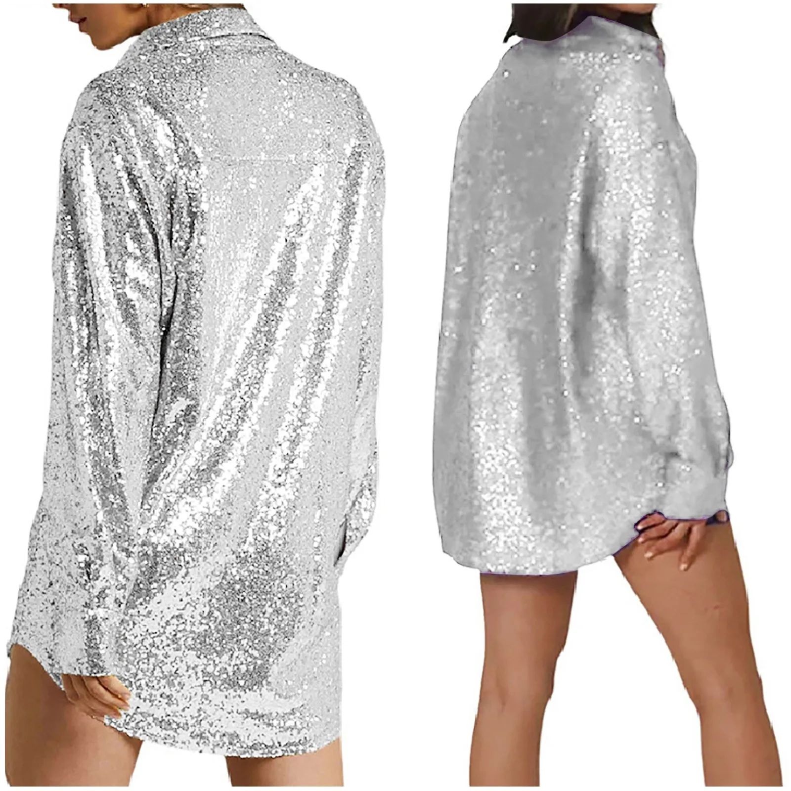 Fashion 2022 Women Sexy Sequins Glitter V-neck Silver Long Shirts Loose Ladies Long Sleeve Party Club Mini Dress Blouse Vestidos