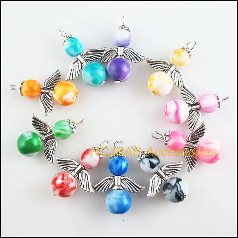 10 шт. тибетские посеребренные ангельские смешанные акриловые подвески с имитацией нефрита 20,5x29 мм