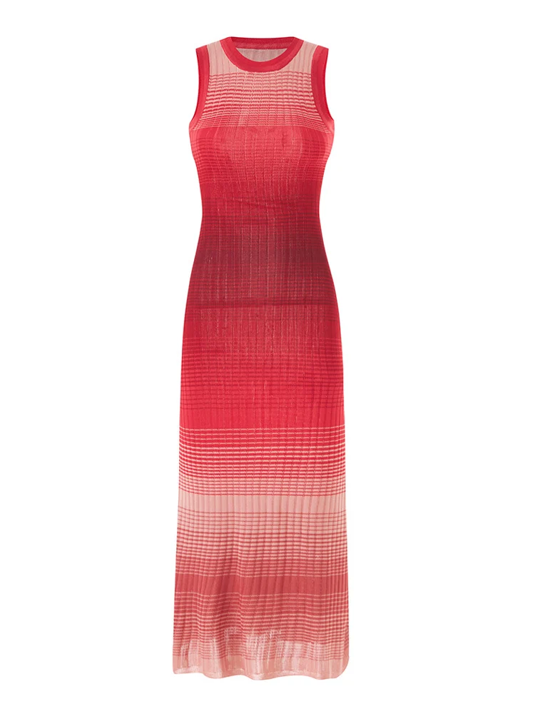 Micosoni Summer New Gradient Rainbow Three-Color Sleeveless Long Dress Elegant Atmosphere Women's Fashion Casual Maxi Dress